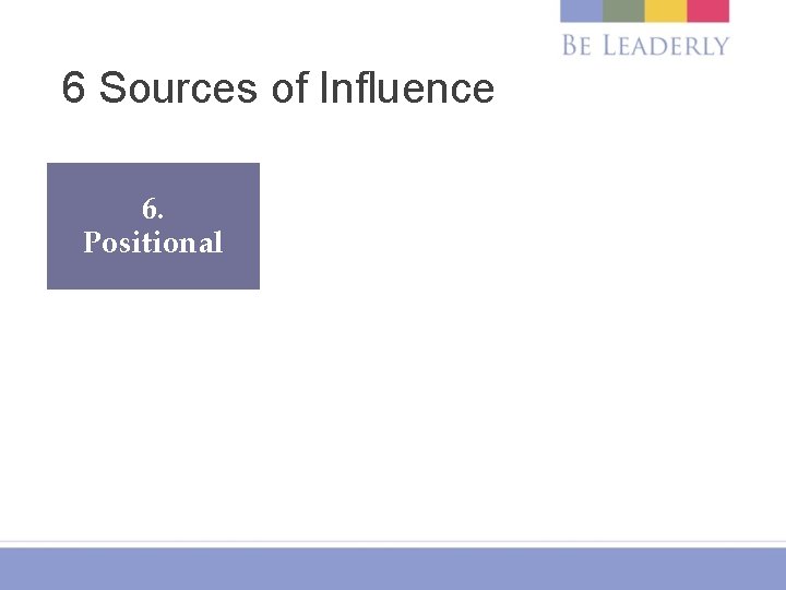 6 Sources of Influence 6. Positional 5. Expertise 4. Resources 3. Informational 2. Direct