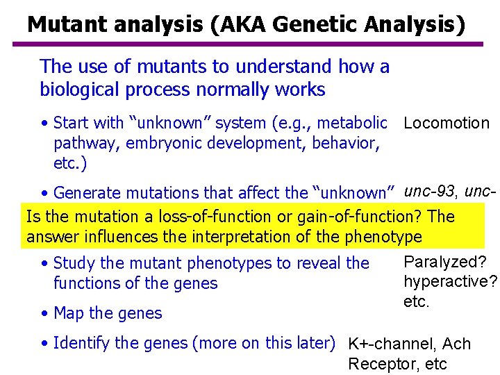 Mutant analysis (AKA Genetic Analysis) The use of mutants to understand how a biological