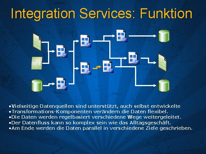 Integration Services: Funktion • Vielseitige Datenquellen sind unterstützt, auch selbst entwickelte • Transformations-Komponenten verändern