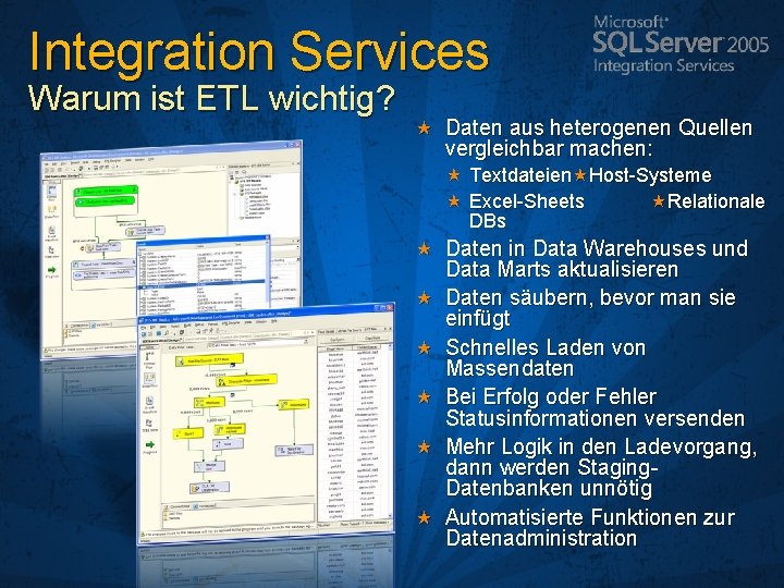 Integration Services Warum ist ETL wichtig? Daten aus heterogenen Quellen vergleichbar machen: Textdateien Host-Systeme