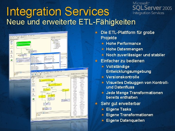 Integration Services Neue und erweiterte ETL-Fähigkeiten Die ETL-Plattform für große Projekte Hohe Performance Hohe