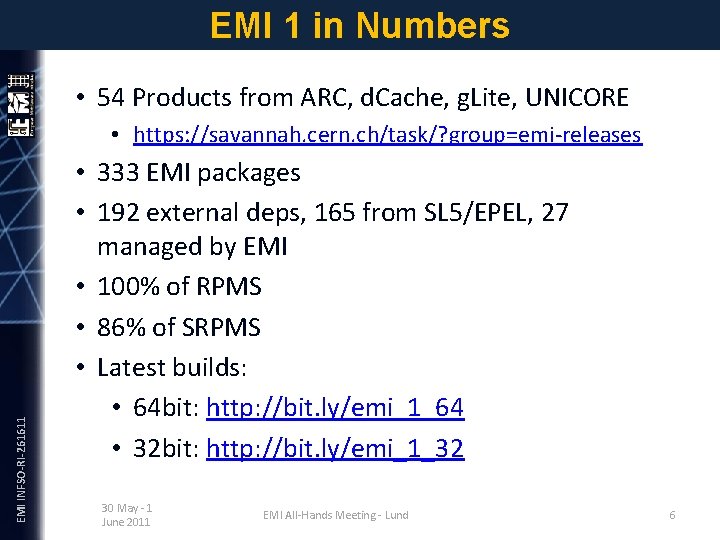 EMI 1 in Numbers • 54 Products from ARC, d. Cache, g. Lite, UNICORE