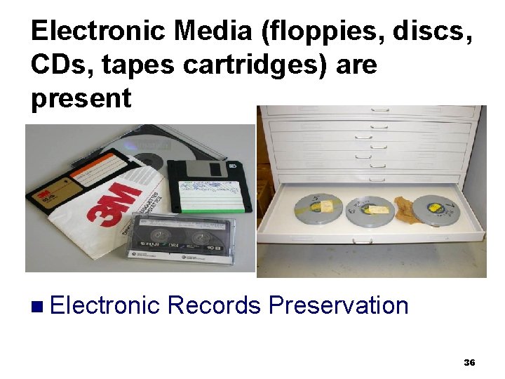 Electronic Media (floppies, discs, CDs, tapes cartridges) are present n Electronic Records Preservation 36