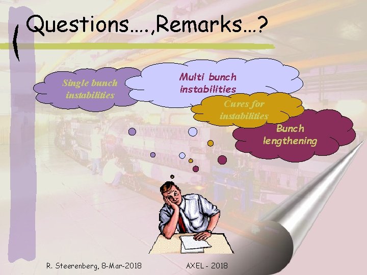 Questions…. , Remarks…? Single bunch instabilities Multi bunch instabilities Cures for instabilities Bunch lengthening