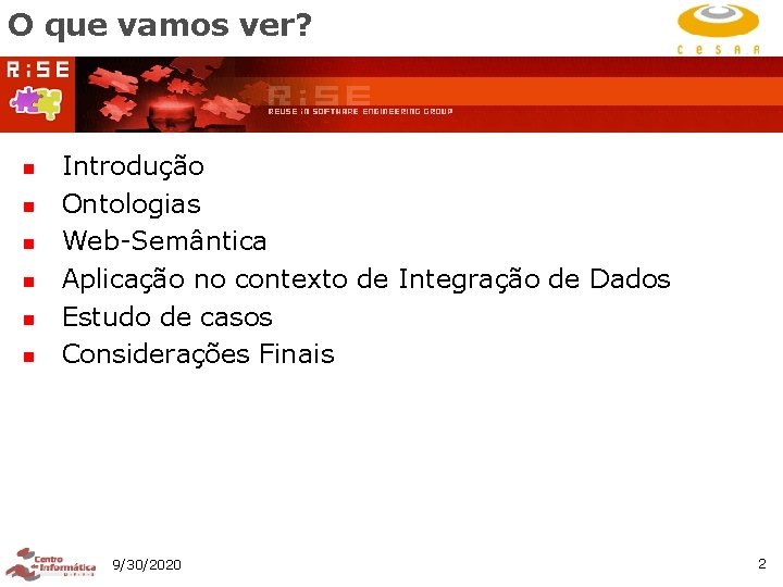 O que vamos ver? n n n Introdução Ontologias Web-Semântica Aplicação no contexto de