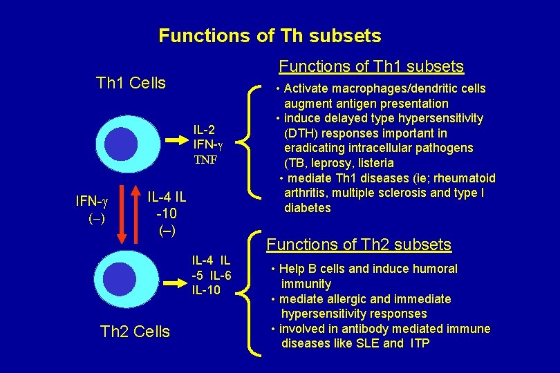 Functions of Th subsets Functions of Th 1 subsets Th 1 Cells IL-2 IFN-g