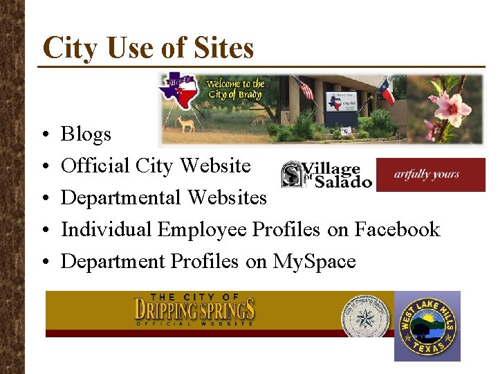 City Use of Sites • • • Blogs Official City Website Departmental Websites Individual