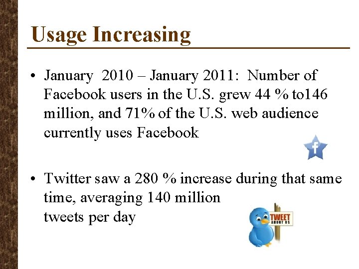 Usage Increasing • January 2010 – January 2011: Number of Facebook users in the