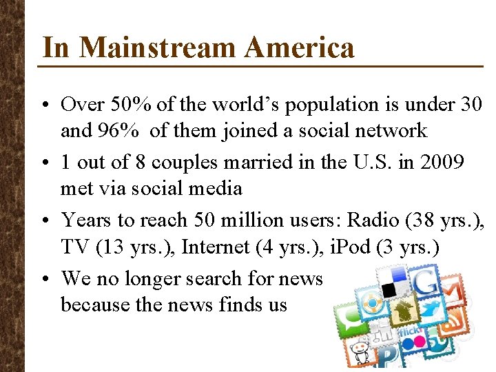 In Mainstream America • Over 50% of the world’s population is under 30 and