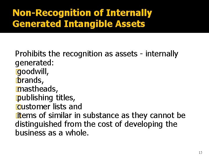 Non-Recognition of Internally Generated Intangible Assets Prohibits the recognition as assets - internally generated: