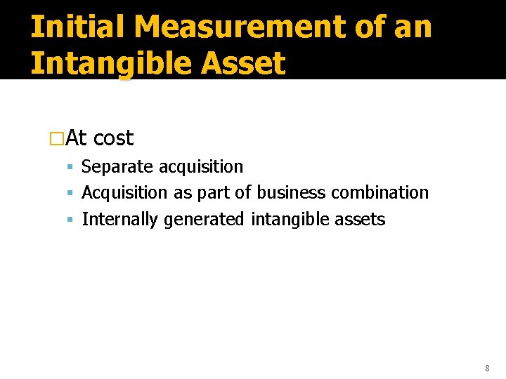 Initial Measurement of an Intangible Asset �At cost Separate acquisition Acquisition as part of
