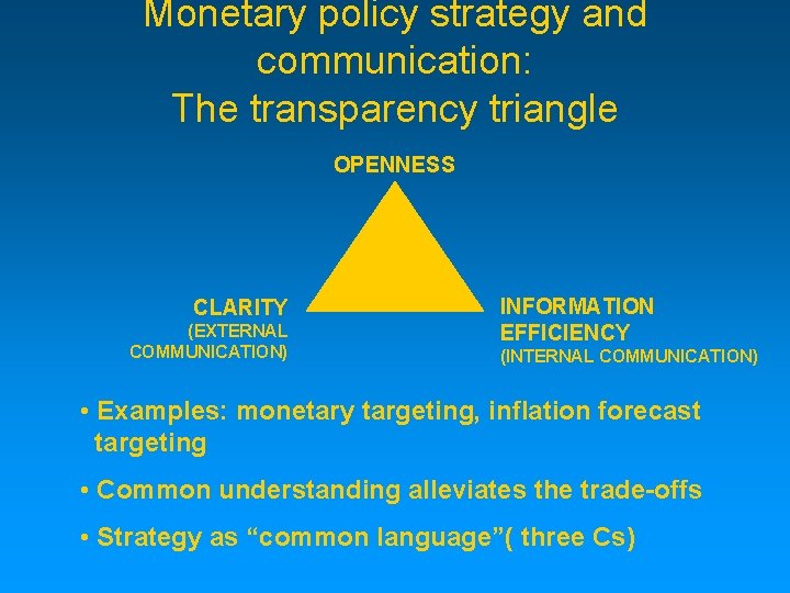 Monetary policy strategy and communication: The transparency triangle OPENNESS CLARITY (EXTERNAL COMMUNICATION) INFORMATION EFFICIENCY