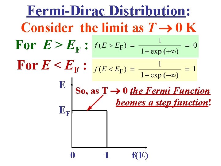 Fermi-Dirac Distribution: Consider the limit as T 0 K For E > EF :