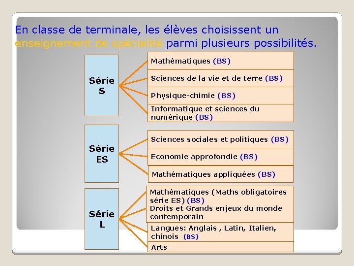 En classe de terminale, les élèves choisissent un enseignement de spécialité parmi plusieurs possibilités.