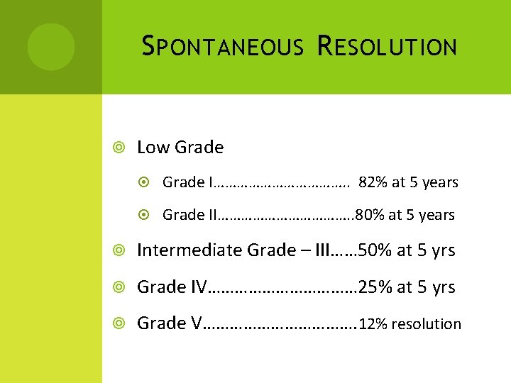 S PONTANEOUS R ESOLUTION Low Grade I………………. . 82% at 5 years Grade II……………….