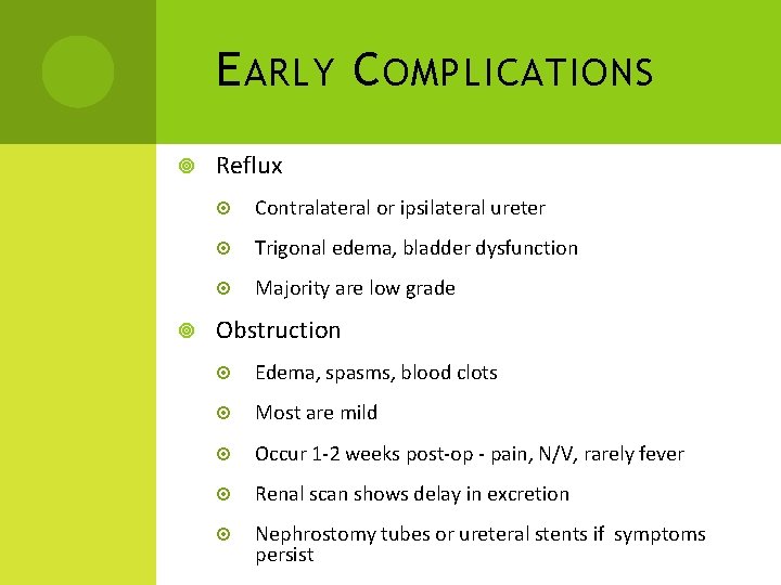 E ARLY C OMPLICATIONS Reflux Contralateral or ipsilateral ureter Trigonal edema, bladder dysfunction Majority