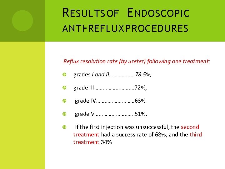 R ESULTS OF E NDOSCOPIC ANTI-REFLUX PROCEDURES Reflux resolution rate (by ureter) following one