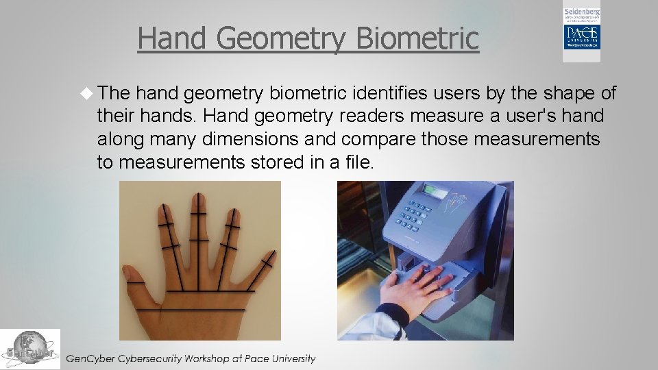 Hand Geometry Biometric The hand geometry biometric identifies users by the shape of their