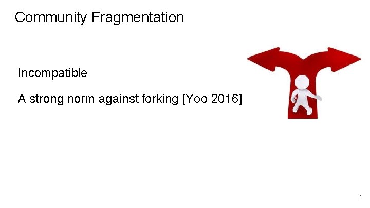 Community Fragmentation Incompatible A strong norm against forking [Yoo 2016] 4 