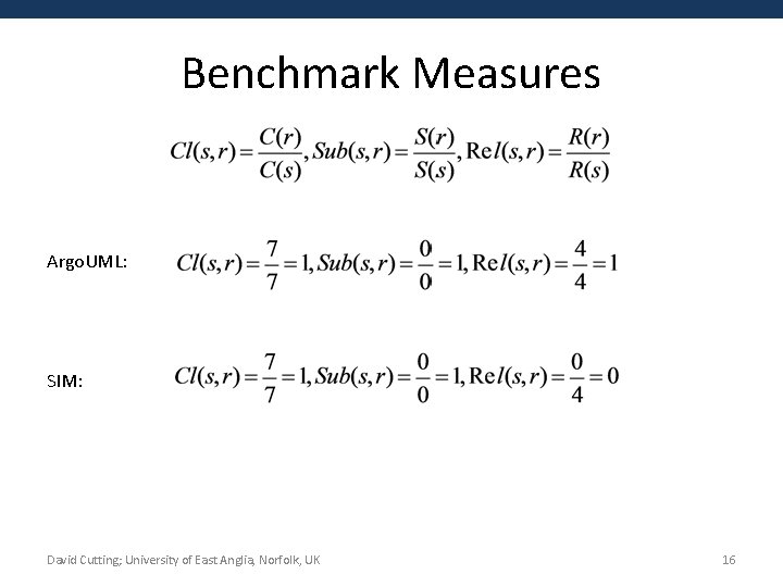 Benchmark Measures Argo. UML: SIM: David Cutting; University of East Anglia, Norfolk, UK 16