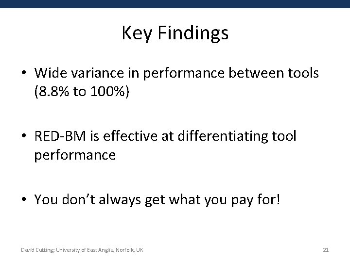Key Findings • Wide variance in performance between tools (8. 8% to 100%) •