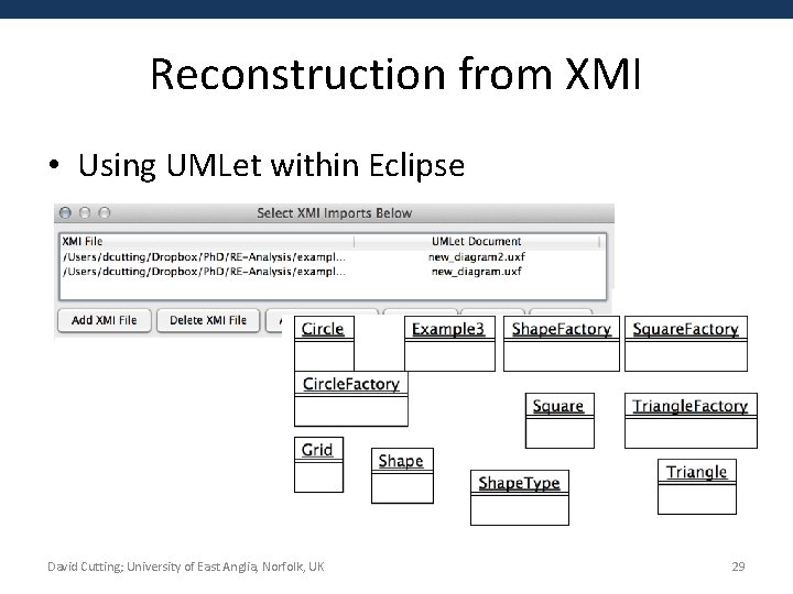 Reconstruction from XMI • Using UMLet within Eclipse David Cutting; University of East Anglia,