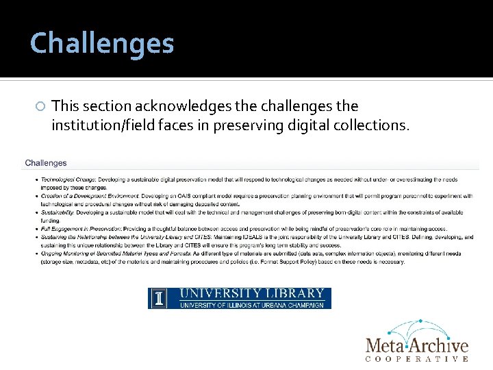 Challenges This section acknowledges the challenges the institution/field faces in preserving digital collections. 