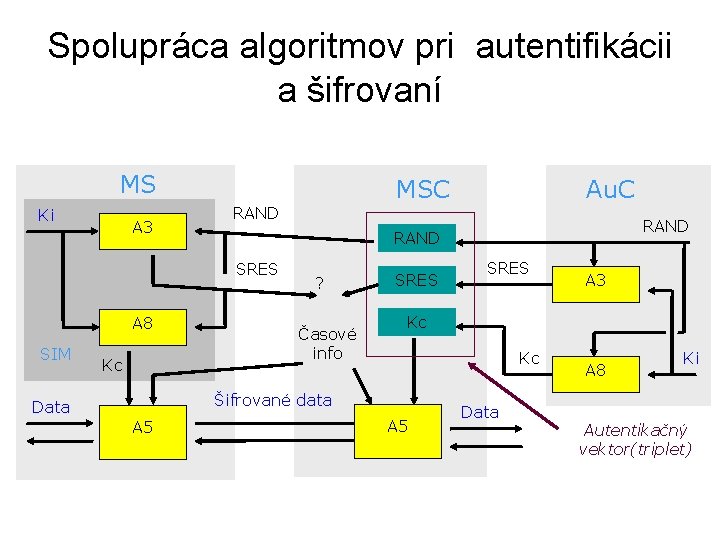 Spolupráca algoritmov pri autentifikácii a šifrovaní MS Ki A 3 RAND SIM Kc ?