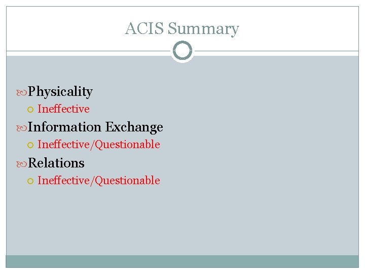 ACIS Summary Physicality Ineffective Information Exchange Ineffective/Questionable Relations Ineffective/Questionable 