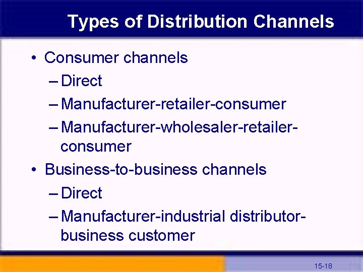 Types of Distribution Channels • Consumer channels – Direct – Manufacturer-retailer-consumer – Manufacturer-wholesaler-retailerconsumer •