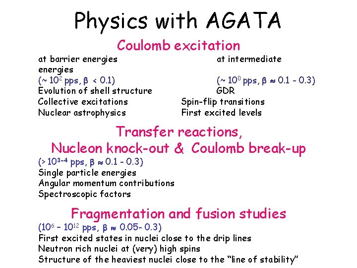 Physics with AGATA Coulomb excitation at barrier energies (~ 102 pps, b < 0.