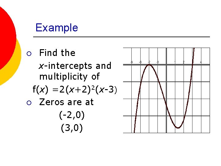 Example Find the x-intercepts and multiplicity of f(x) =2(x+2)2(x-3) ¡ Zeros are at (-2,