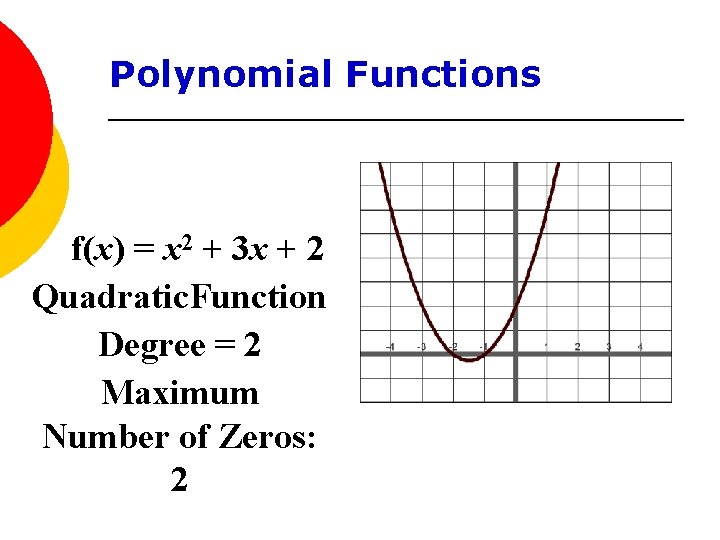 Polynomial Functions f(x) = x 2 + 3 x + 2 Quadratic. Function Degree