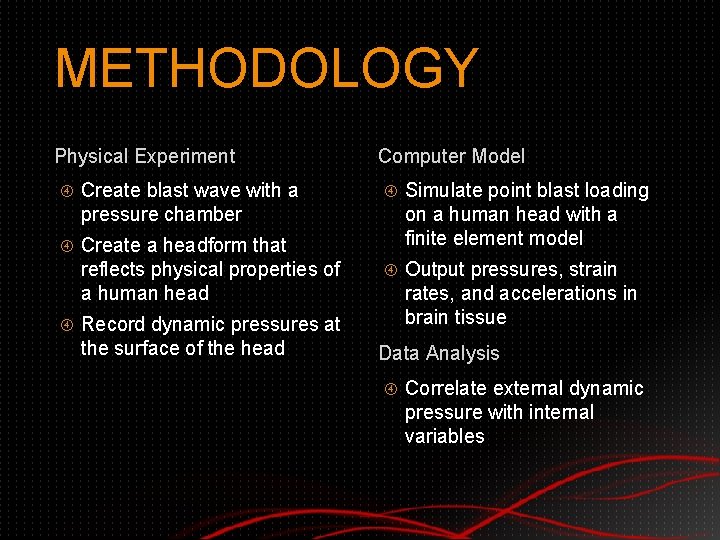 METHODOLOGY Physical Experiment Create blast wave with a pressure chamber Create a headform that