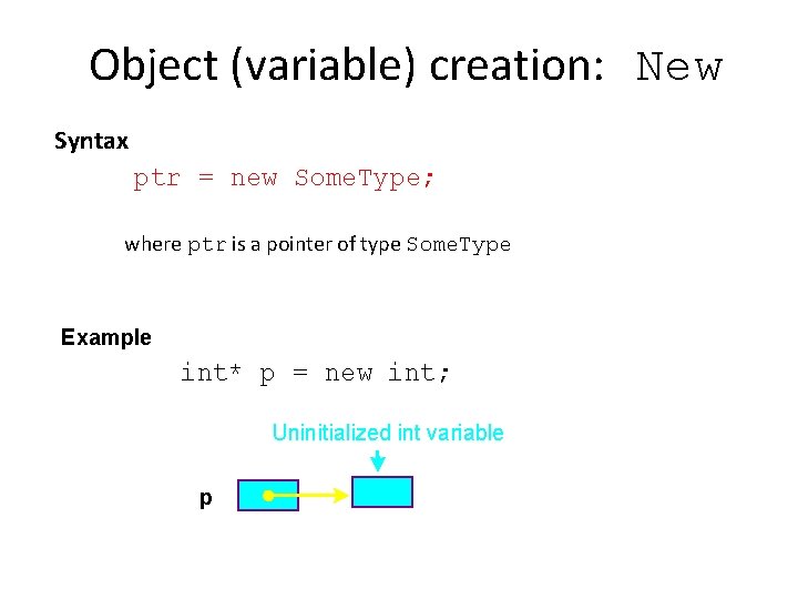 Object (variable) creation: New Syntax ptr = new Some. Type; where ptr is a