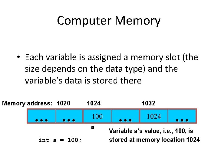 Computer Memory • Each variable is assigned a memory slot (the size depends on