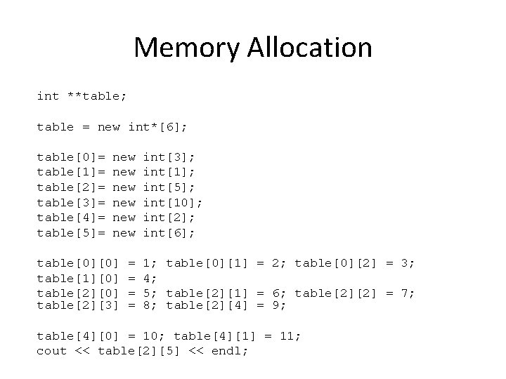Memory Allocation int **table; table = new int*[6]; table[0]= table[1]= table[2]= table[3]= table[4]= table[5]=