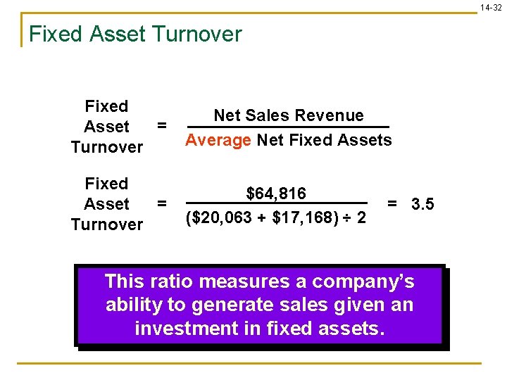 14 -32 Fixed Asset Turnover Fixed = Asset Turnover Net Sales Revenue Average Net