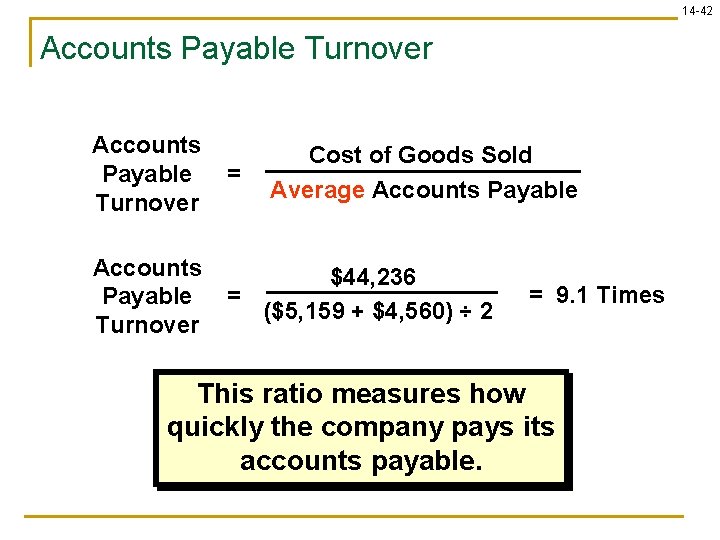 14 -42 Accounts Payable Turnover = Accounts Payable Turnover $44, 236 = ($5, 159