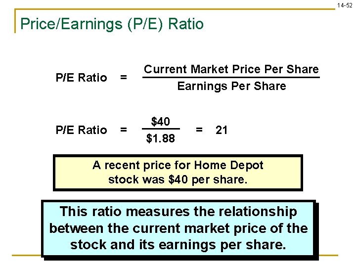 14 -52 Price/Earnings (P/E) Ratio P/E Ratio = Current Market Price Per Share Earnings