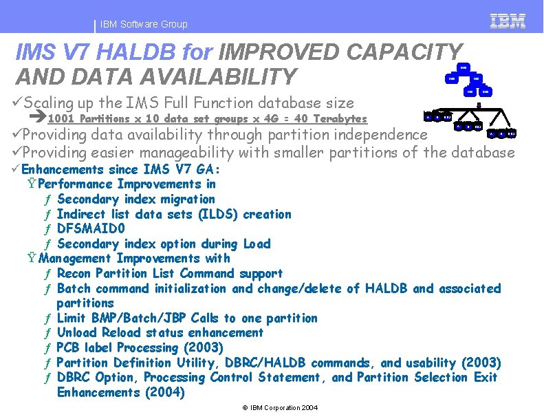 IBM Software Group IMS V 7 HALDB for IMPROVED CAPACITY AND DATA AVAILABILITY A