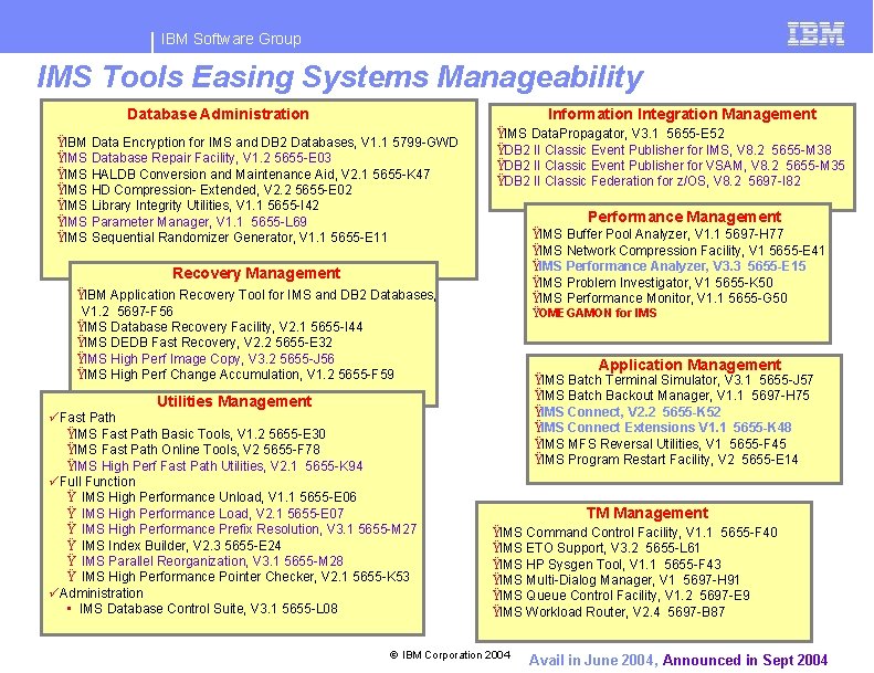 IBM Software Group IMS Tools Easing Systems Manageability Database Administration Information Integration Management ŸIBM