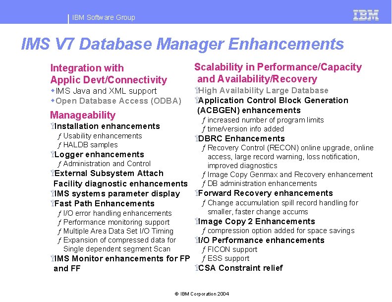 IBM Software Group IMS V 7 Database Manager Enhancements Scalability in Performance/Capacity and Availability/Recovery