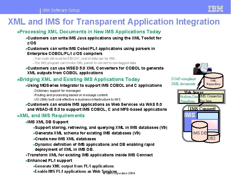 IBM Software Group XML and IMS for Transparent Application Integration n. Processing XML Documents
