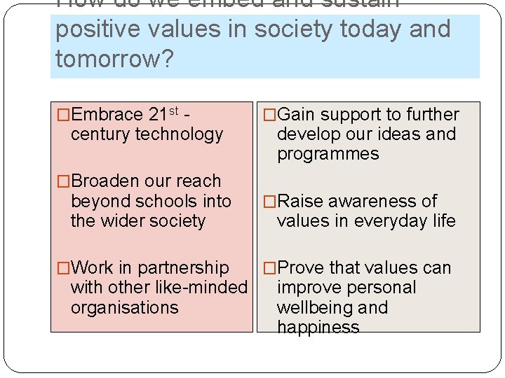 How do we embed and sustain positive values in society today and tomorrow? �Embrace