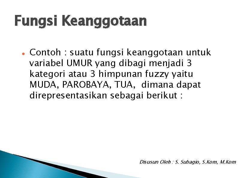 Fungsi Keanggotaan Contoh : suatu fungsi keanggotaan untuk variabel UMUR yang dibagi menjadi 3