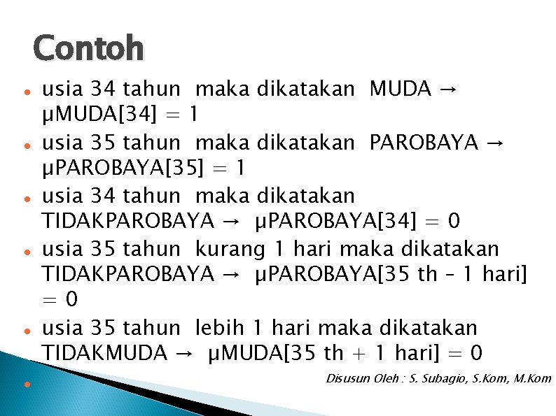 Contoh usia 34 tahun maka dikatakan MUDA → µMUDA[34] = 1 usia 35 tahun