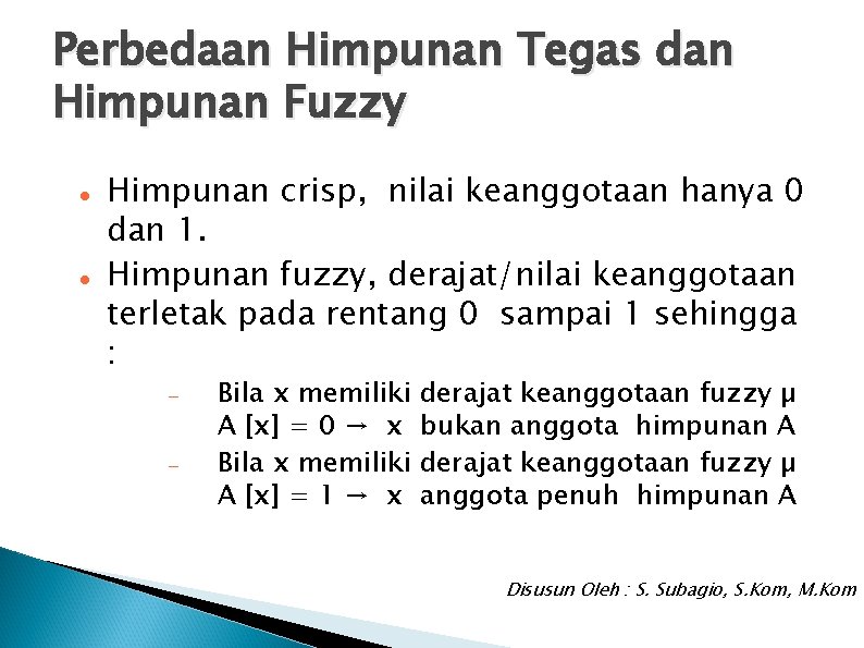 Perbedaan Himpunan Tegas dan Himpunan Fuzzy Himpunan crisp, nilai keanggotaan hanya 0 dan 1.