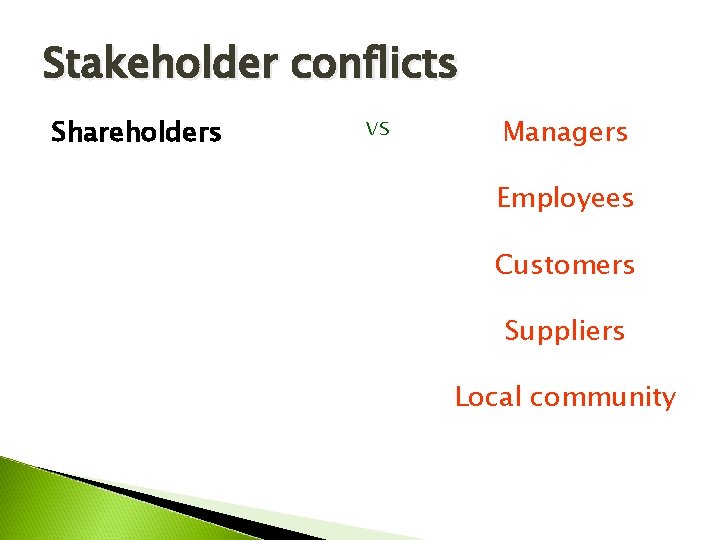 Stakeholder conflicts Shareholders vs Managers Employees Customers Suppliers Local community 