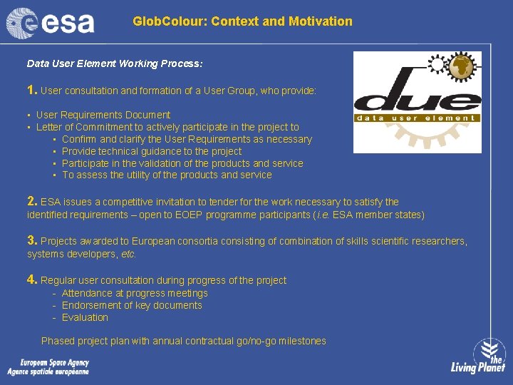 Glob. Colour: Context and Motivation Data User Element Working Process: 1. User consultation and